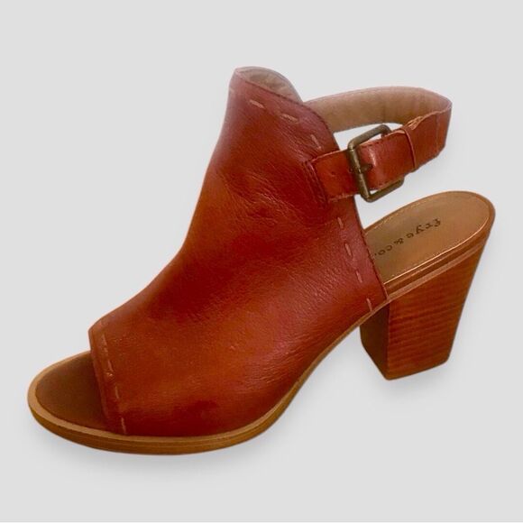 Frye Chestnut Brown Sling Back peep toe Chunky Leather Heels - Picture 1 of 9
